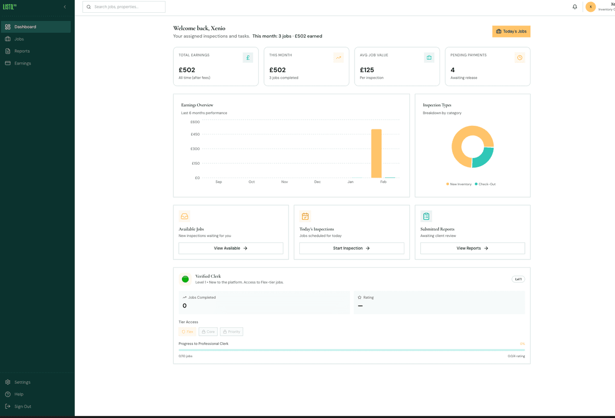 LISTD Pro clerk dashboard showing earnings, charts, and job management